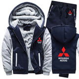 Hoodies Men Mitsubishi Car Logo Mens Hoodies Suit Winter Thicken Warm Fleece cotton Zipper Tracksuit Mens Jacket+Pants 2Pcs Sets