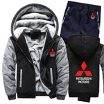 Hoodies Men Mitsubishi Car Logo Mens Hoodies Suit Winter Thicken Warm Fleece cotton Zipper Tracksuit Mens Jacket+Pants 2Pcs Sets